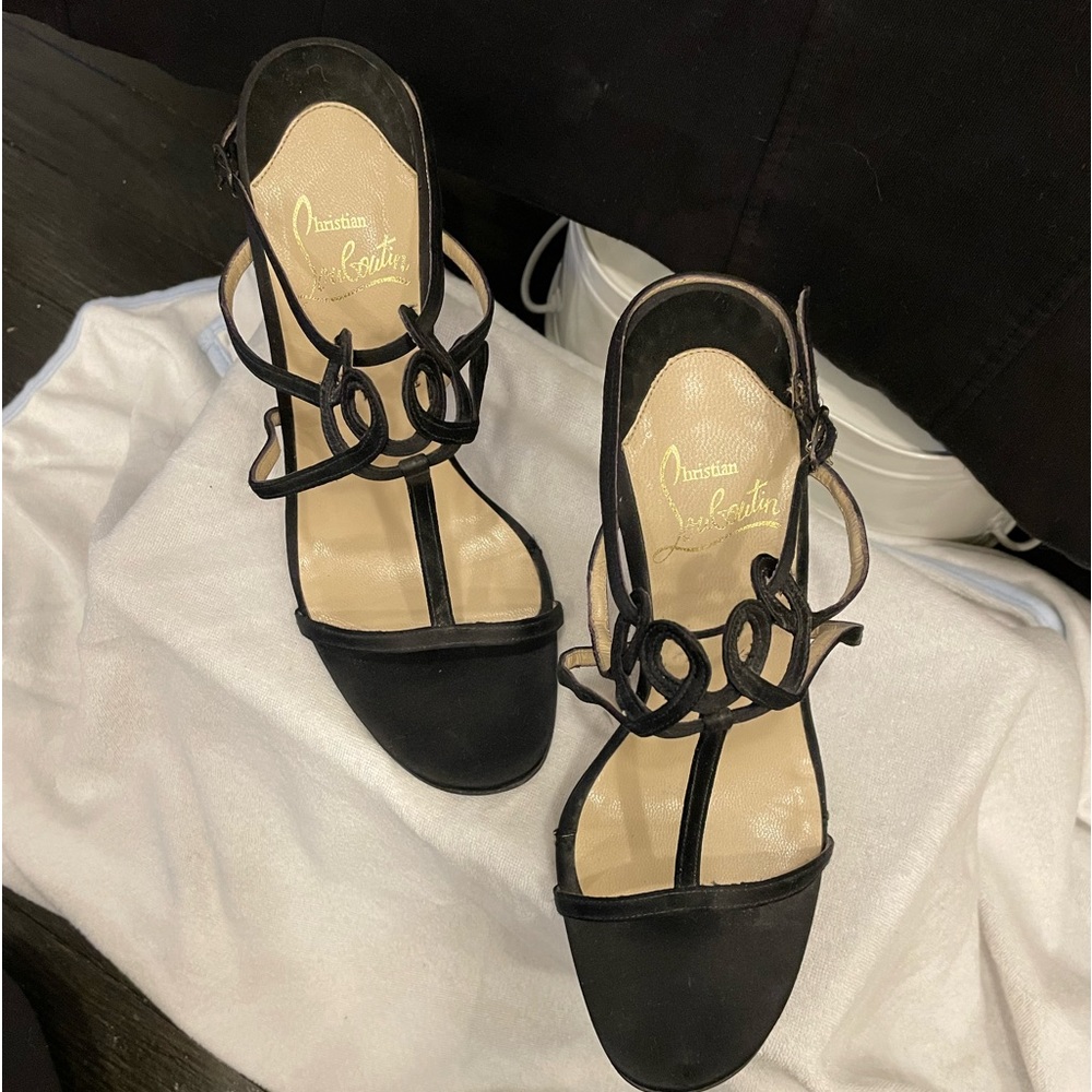 Christian Louboutin - Black silk 4 1/4” sandal heels, Sz 37.5